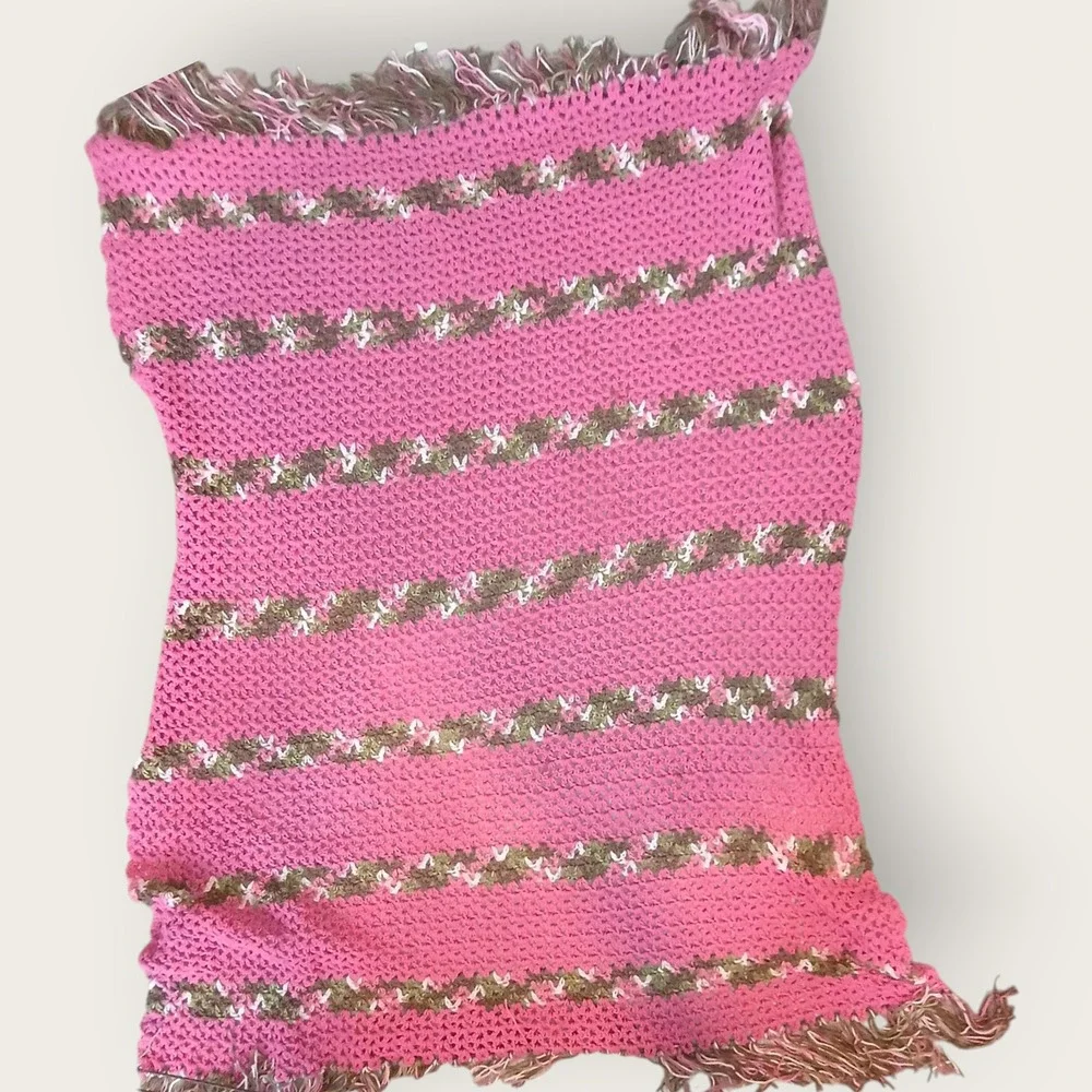Handmade‎ Pink Brown Crochet Blanket Throw Fringe Stripes Soft Cozy Home Decor